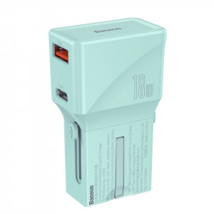 Incarcator universal de retea Baseus, QC 3.0, PD, USB + USB-C, 100-240V, 18W, EU/US/UK/AU (albastru)