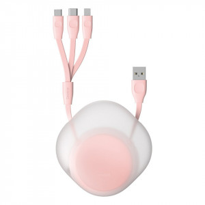 Cablu retractabil USB 3in1 Baseus Let's go Little Reunion, Lightning / USB-C / micro USB, 3A, 0,85m (alb-roz)
