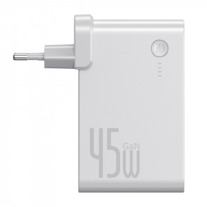 Incarcator GaN + powerbank 10000mAh 2in1 Baseus Power Station, USB + USB-C, QC 3.0, PPS, PD 3.0, 5A, 45W (alb)