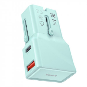 Incarcator universal de retea Baseus, QC 3.0, PD, USB + USB-C, 100-240V, 18W, EU/US/UK/AU (albastru)