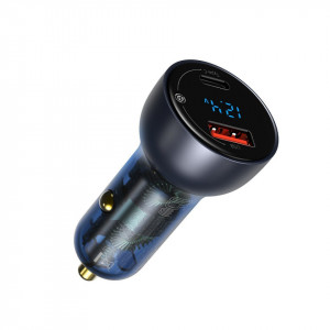 Incarcator auto Baseus Particular Digital Display, USB + USB-C, QC3.0+PD, 5A, 65W (gri) + Cablu USB-C 1m 100W (negru)