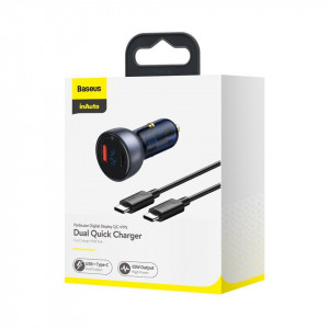 Incarcator auto Baseus Particular Digital Display, USB + USB-C, QC3.0+PD, 5A, 65W (gri) + Cablu USB-C 1m 100W (negru)