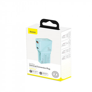 Incarcator universal de retea Baseus, QC 3.0, PD, USB + USB-C, 100-240V, 18W, EU/US/UK/AU (albastru)