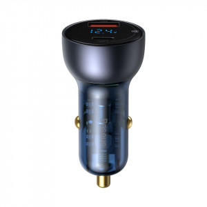 Incarcator auto Baseus Particular Digital Display, USB + USB-C, QC3.0+PD, 5A, 65W (gri) + Cablu USB-C 1m 100W (negru)