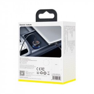 Incarcator auto Baseus Particular Digital Display, USB + USB-C, QC3.0+PD, 5A, 65W (gri) + Cablu USB-C 1m 100W (negru)