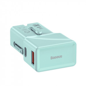 Incarcator universal de retea Baseus, QC 3.0, PD, USB + USB-C, 100-240V, 18W, EU/US/UK/AU (albastru)