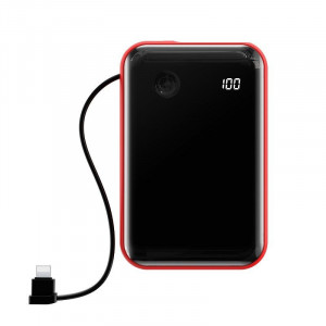Powerbank Baseus Mini S cu cablu Lightning, 10000mAh, 3A, 15W (negru-rosu)