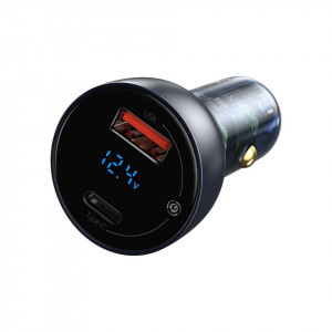 Incarcator auto Baseus Particular Digital Display, USB + USB-C, QC3.0+PD, 5A, 65W (gri) + Cablu USB-C 1m 100W (negru)