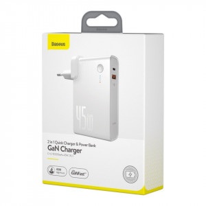 Incarcator GaN + powerbank 10000mAh 2in1 Baseus Power Station, USB + USB-C, QC 3.0, PPS, PD 3.0, 5A, 45W (alb)