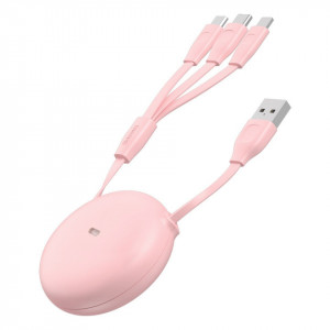 Cablu retractabil USB 3in1 Baseus Let's go Little Reunion, Lightning / USB-C / micro USB, 3A, 0,85m (alb-roz)