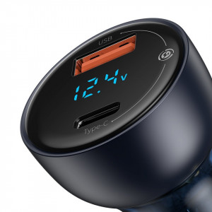 Incarcator auto Baseus Particular Digital Display, USB + USB-C, QC3.0+PD, 5A, 65W (gri) + Cablu USB-C 1m 100W (negru)