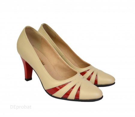 Pantofi bej cu rosu dama eleganti din piele naturala cod P375
