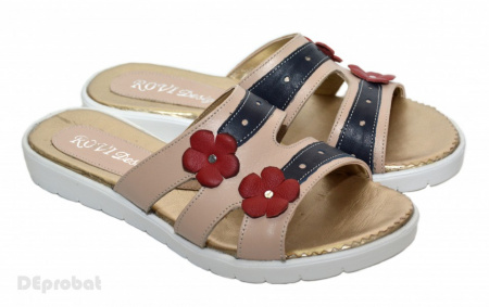 Papuci dama piele naturala crem cu floricele cod PP12