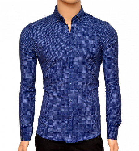 Camasa Slim Fit barbati albastra cu picatele albe - Camasa barbati (bumbac) ZR82