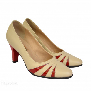 Pantofi bej cu rosu dama eleganti din piele naturala cod P375