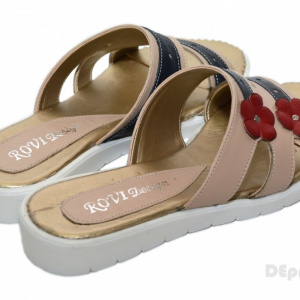 Papuci dama piele naturala crem cu floricele cod PP12