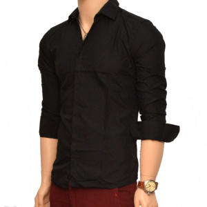 Camasa Neagra Slim Fit cu nasturi ascunsi - Camasa neagra bumbac barbati ZR37