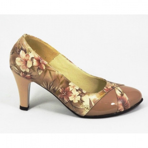 Pantofi stiletto dama eleganti din piele naturala bej cu imprimeu floral cod P326