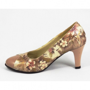 Pantofi stiletto dama eleganti din piele naturala bej cu imprimeu floral cod P326