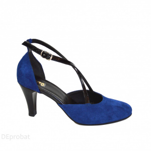 Pantofi albastru regal velur dama cu toc aplicat din piele naturala cod P372