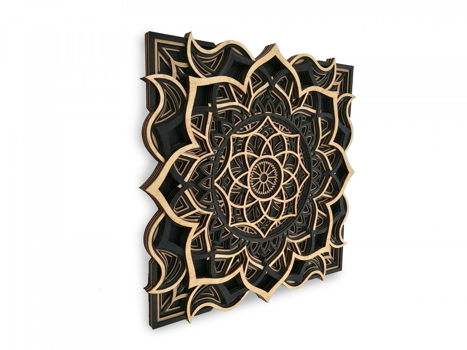 Tablou Mandala Ohm decorativ din lemn cu Foita de Aur 24k, decor 3d multistrat