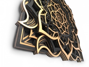 Tablou Mandala Ohm decorativ din lemn cu Foita de Aur 24k, decor 3d multistrat