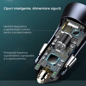 Incarcator telefon auto Baseus Golden Contactor Pro ,1 port USB ,1port USB-C ,40 W incarcare rapida + cablu USB type C to Lightning