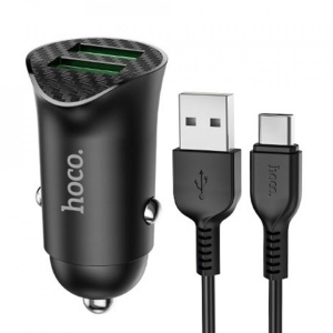Incarcator telefon auto Hoco Z39 -2 porturi USB-A, QC 3.0, 18W, 3A cu cablu USB-A to USB Type-C 1.0m Negru