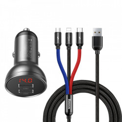 Incarcator auto Baseus Display digital 2xUSB-A, 24W + cablu USB to Type-C / Lightning / Micro-USB inclus