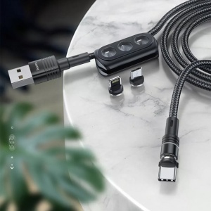 Cablu magnetic 3 in 1 USB to USB type C , Lightning , Micro USB ,20W, 2.4A, 1.2m HOCO