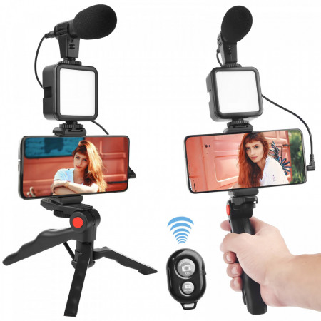 Kit pentru vlogging, filmari video cu trepied, microfon, panou LED, telecomanda bluetooth