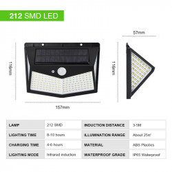Lampa solara 212 LED, senzor de miscare si 3 moduri de functionare