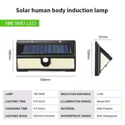 Lampa solara cu 190 LED-uri, 3 moduri de iluminare, waterproof IP65
