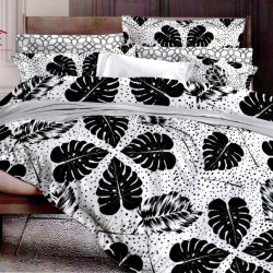 Lenjerie pat dublu, 4 piese, bumbac satinat, Black Leafs