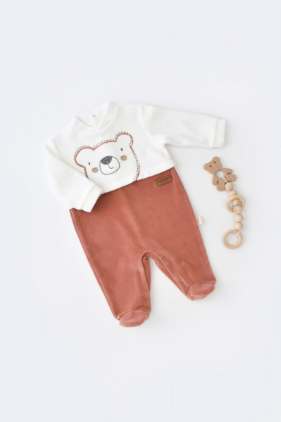 Salopeta Ursulet cu maneca lunga si botosei din 80%bumbac organic si 20% poliester - Caramiziu, Baby Cosy (Marime: 6-9 luni)