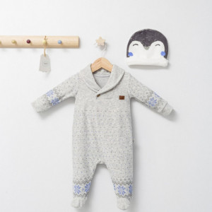 Salopeta pentru bebelusi cu botosei si caciulita Penguins, Tongs baby (Culoare: Bej, Marime: 0-3 Luni)