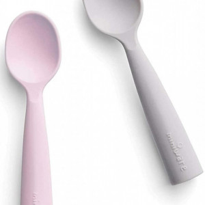 Set de lingurite bebelusi Miniware, 100% silicon alimentar, Grey+Cotton candy