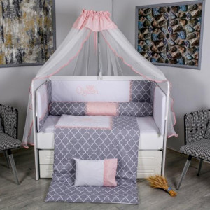 Lenjerie MyKids 10 piese Princess gri-roz cu baldachin 120x60 cm