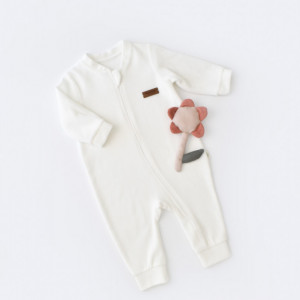 Salopeta cu maneca lunga si fermoar din 80%bumbac organic si 20% poliester - Ecru, Baby Cosy (Marime: 12-18 Luni)