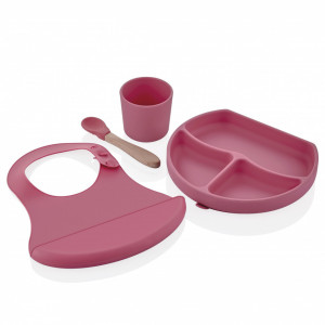 Set diversificare 4 piese din silicon BabyJem: bavetica, farfurie, lingurita si pahar (Culoare: Roz)
