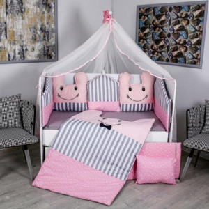 Lenjerie MyKids 10 piese Figures gri-roz fara baldachin 120x60 cm