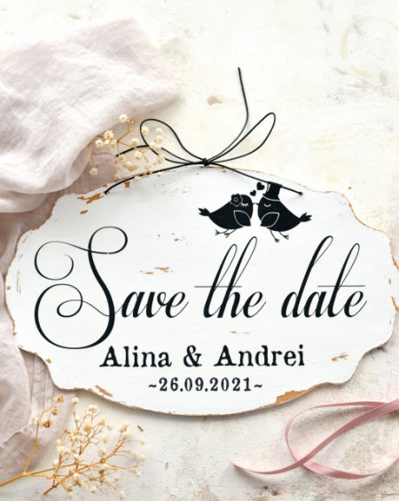 Semn oval pentru nunta "Save the date", personalizat cu nume si data nuntii
