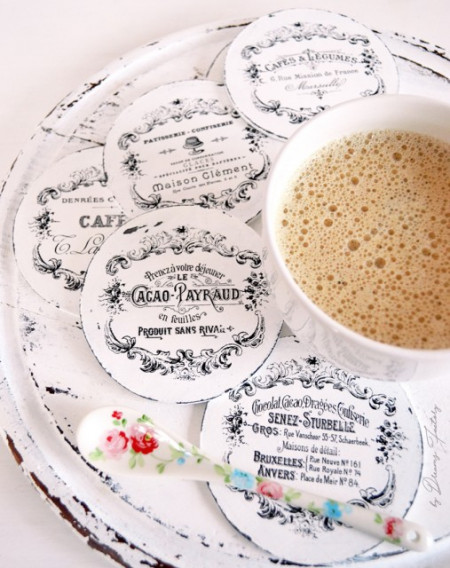 Suporturi de pahare frantuzesti 'Cacao, Cafes & Chocolat ', cu rame vintage