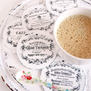 Suporturi de pahare frantuzesti 'Cacao, Cafes & Chocolat ', cu rame vintage