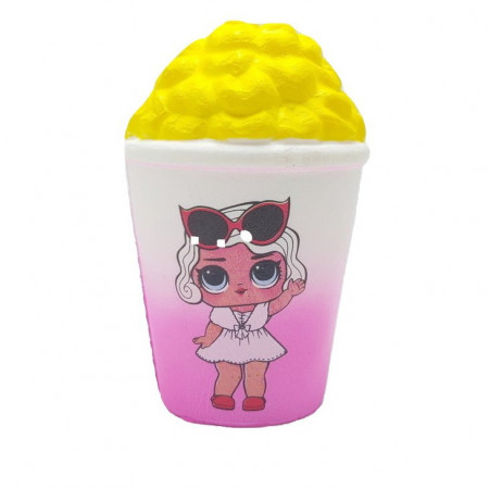 Jucarie Squishy, model pahar cu popcorn, design fetita cu ochelari de soara