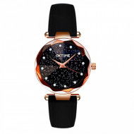 Ceas dama Starry Sky, curea piele, rama fatetata, negru