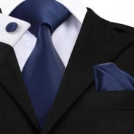 Set cravata + batista + butoni - matase naturala 100% - bleumarine