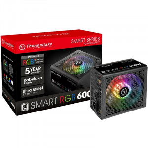 Sursa Gaming Thermaltake Smart Iluminare RGB 600W, 6x SATA, 3x MOLEX, 2x 6+2 pin, PFC activ